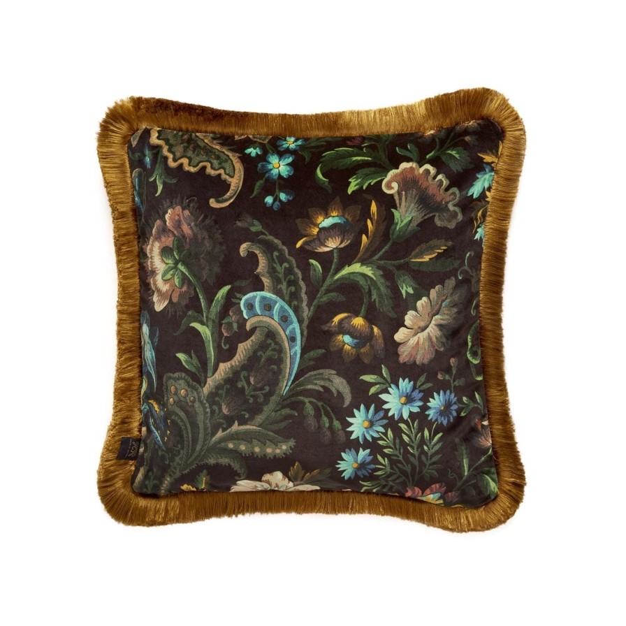 Accessories House of Hackney Floral Cushions | Florika Medium Fringed Velvet Cushion-Onyx