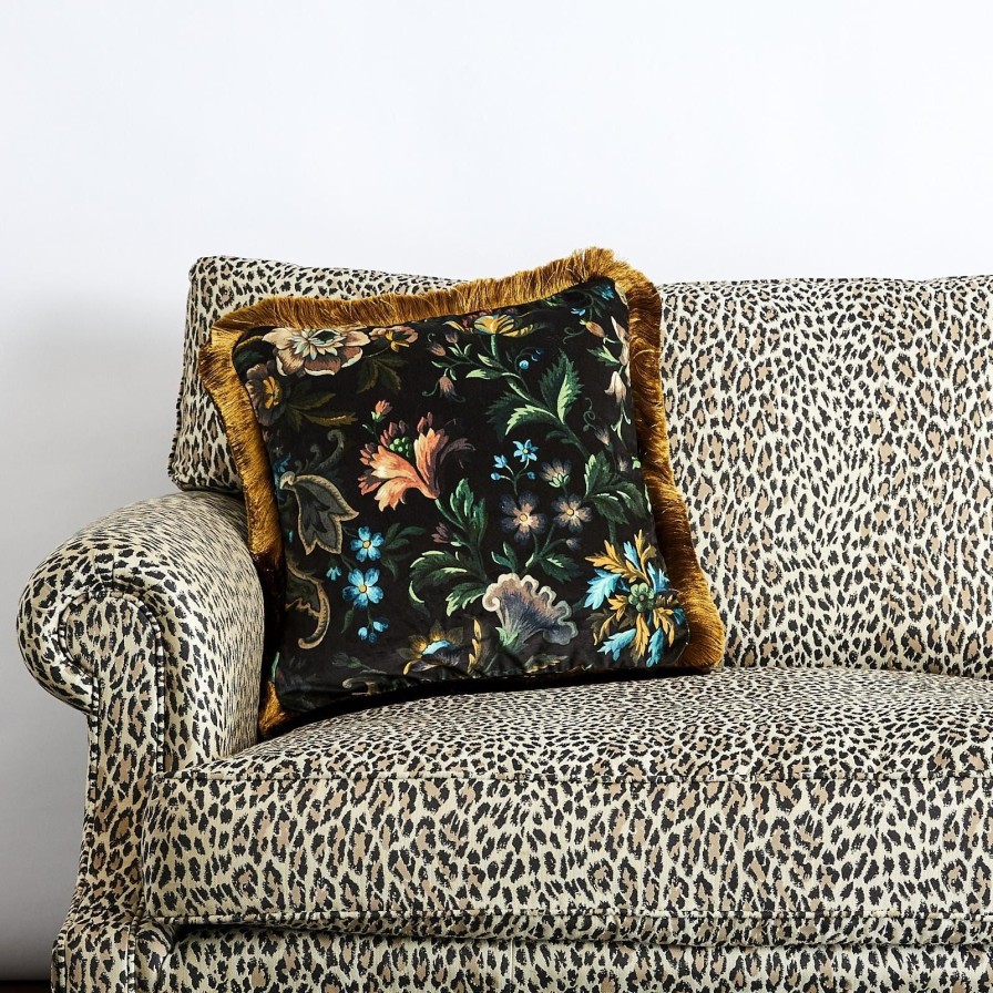 Accessories House of Hackney Floral Cushions | Florika Medium Fringed Velvet Cushion-Onyx