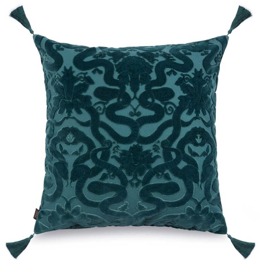 Accessories House of Hackney Animal Cushions | Anaconda Large Tassel Cut-Velvet Cushion-Petrol