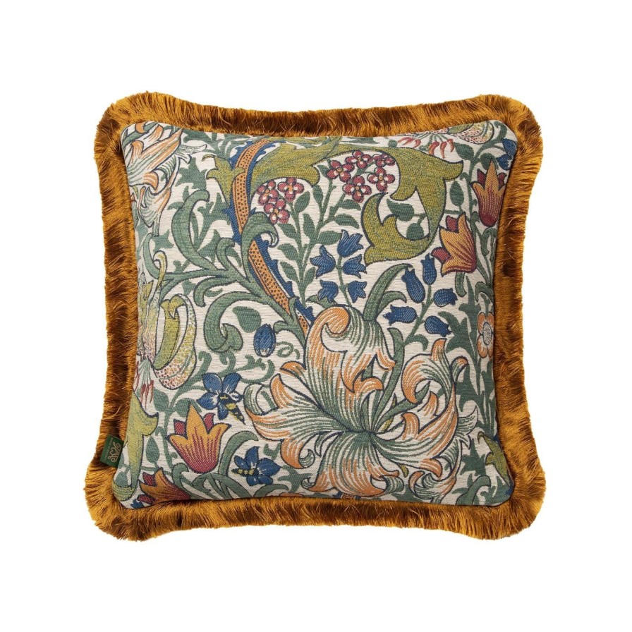 Accessories House of Hackney Floral Cushions | Golden Lily Medium Fringed Jacquard Cushion-Parchment