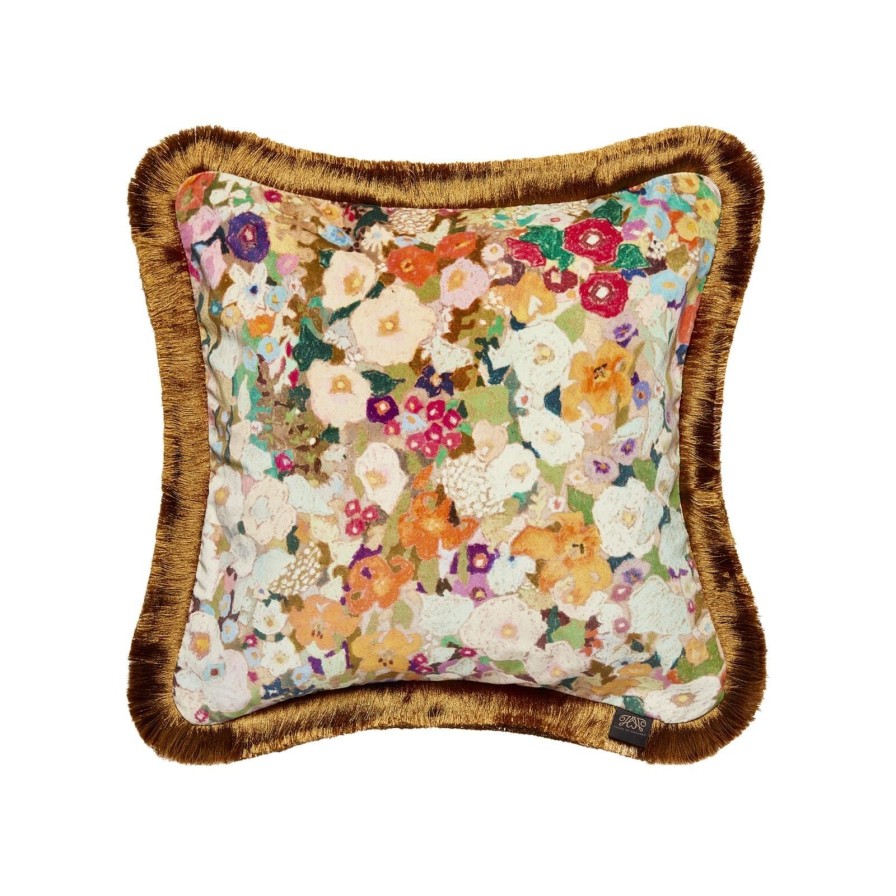 Accessories House of Hackney Floral Cushions | Hollyhocks Medium Fringed Velvet Cushion-Spring