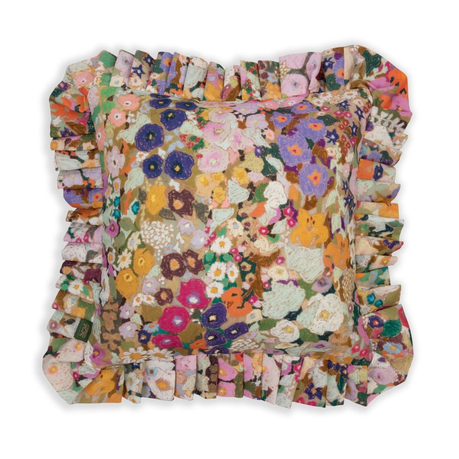 Accessories House of Hackney Floral Cushions | Hollyhocks Medium Frilled Cotton Linen Cushion-Spring