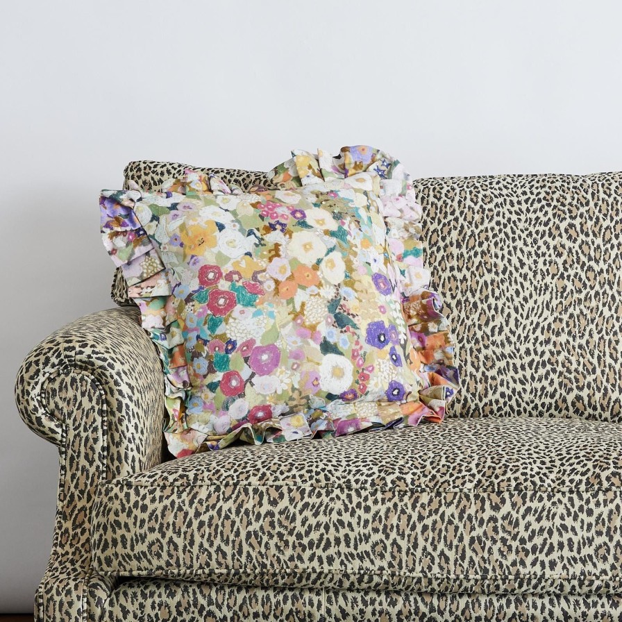 Accessories House of Hackney Floral Cushions | Hollyhocks Medium Frilled Cotton Linen Cushion-Spring