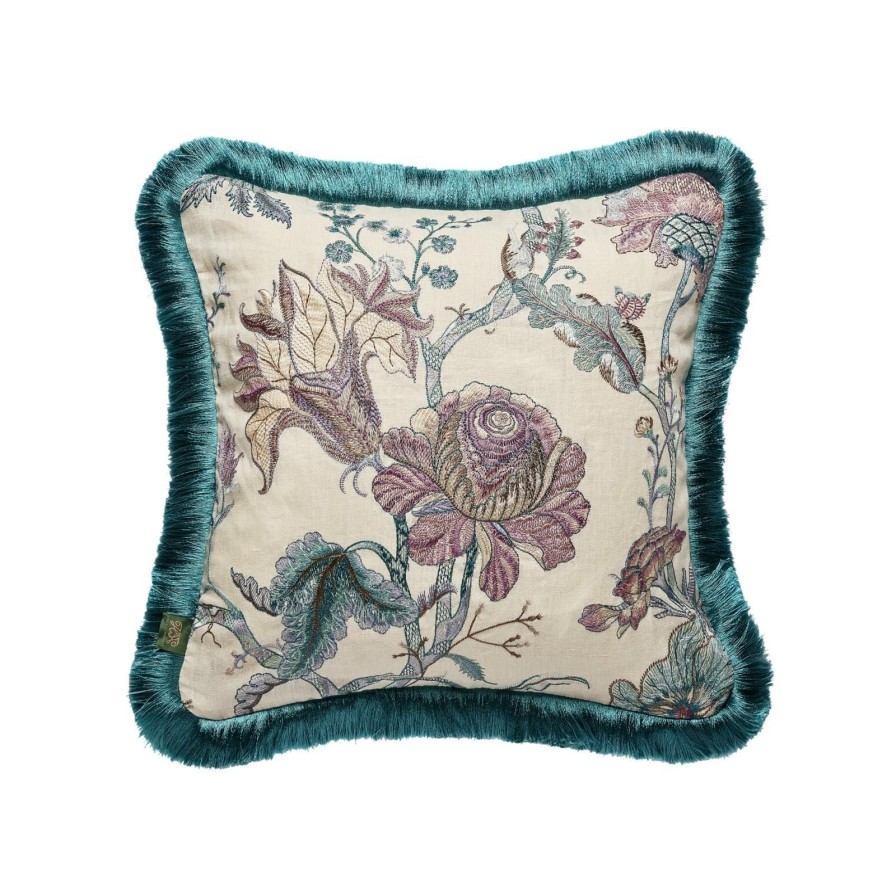 Accessories House of Hackney Floral Cushions | Artemis Medium Fringed Embroidered Linen Cushion-Alabaster
