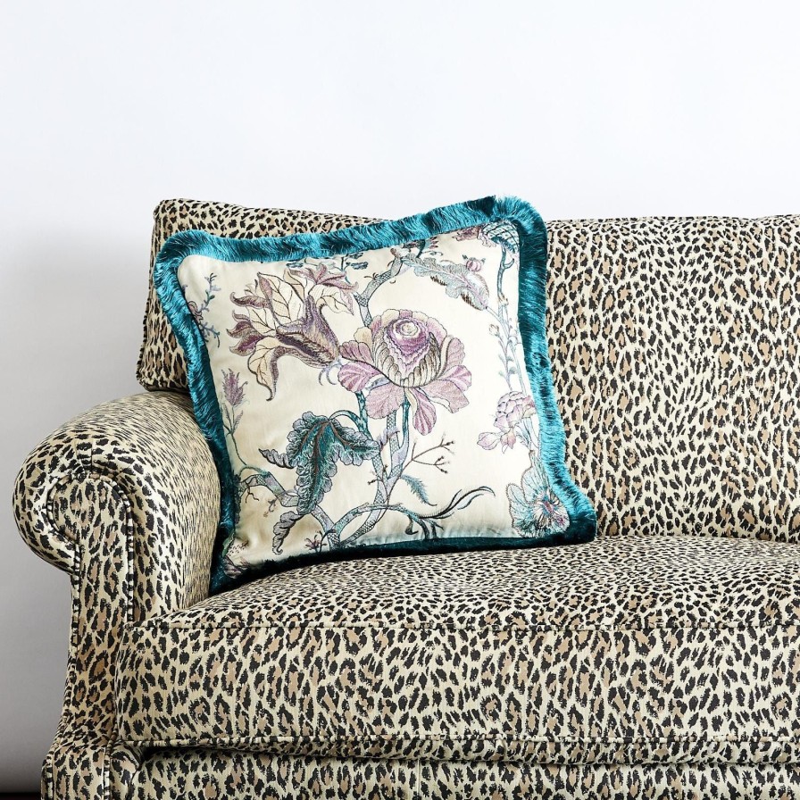 Accessories House of Hackney Floral Cushions | Artemis Medium Fringed Embroidered Linen Cushion-Alabaster