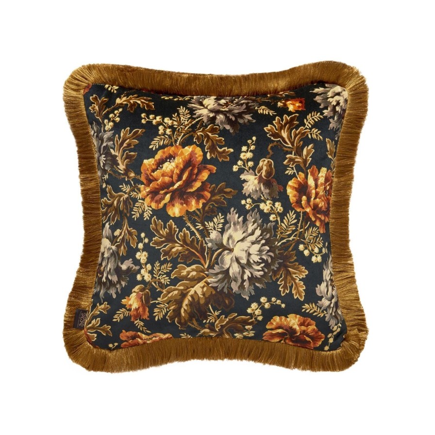 Accessories House of Hackney Floral Cushions | Opia Medium Fringed Velvet Cushion-Midnight