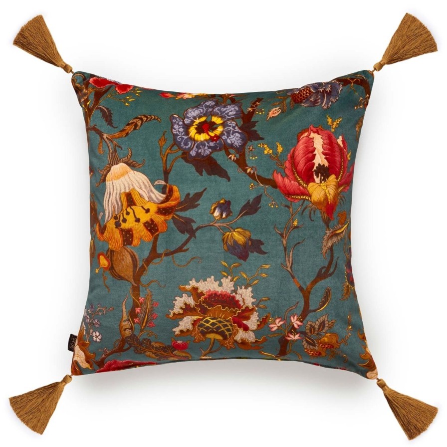 Accessories House of Hackney Floral Cushions | Artemis Large Tassel Velvet Cushion-Petrol