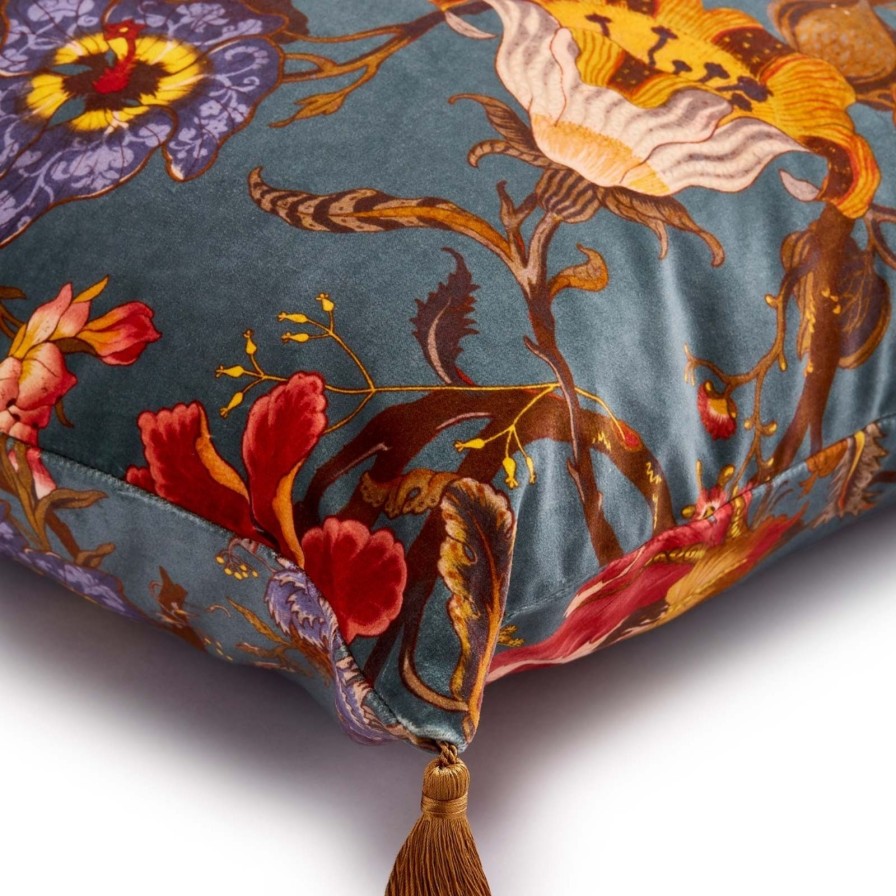 Accessories House of Hackney Floral Cushions | Artemis Large Tassel Velvet Cushion-Petrol