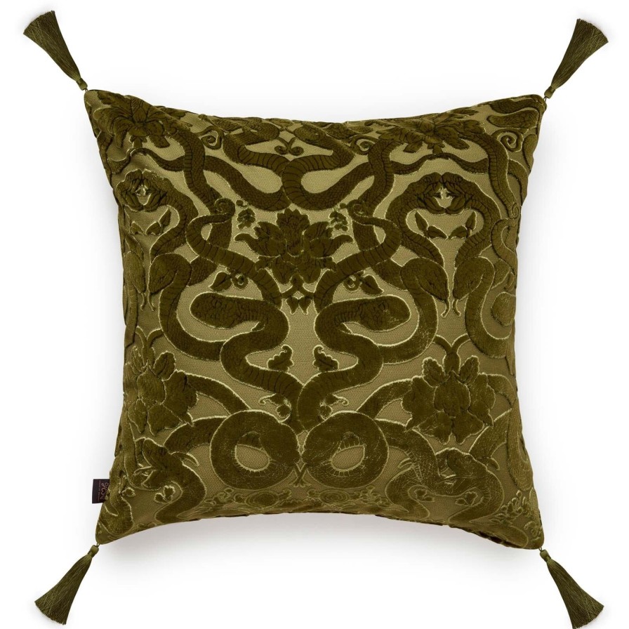 Accessories House of Hackney Animal Cushions | Anaconda Large Tassel Cut-Velvet Cushion-Olive Green