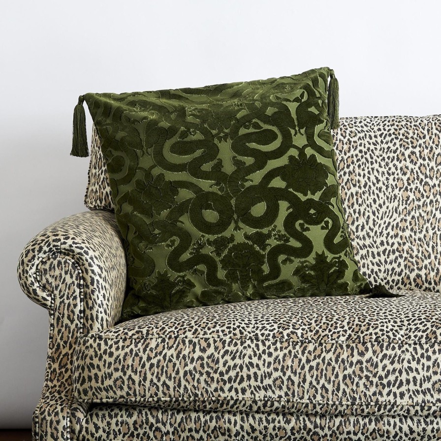 Accessories House of Hackney Animal Cushions | Anaconda Large Tassel Cut-Velvet Cushion-Olive Green