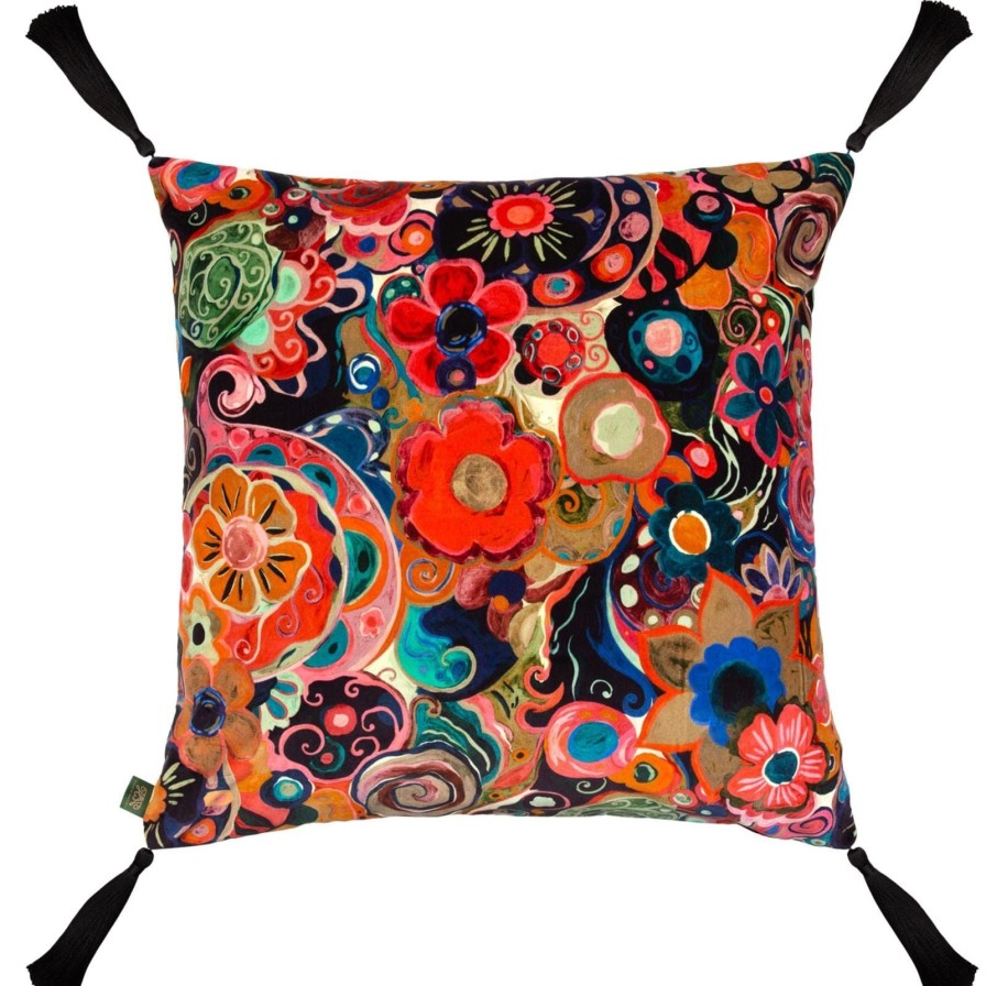 Accessories House of Hackney Floral Cushions | Nanjizal Large Tassel Velvet Cushion-Liquorice