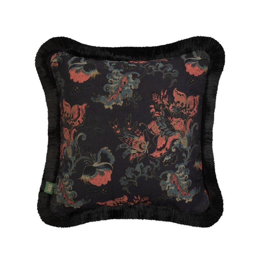 Accessories House of Hackney Floral Cushions | Persephone Medium Fringed Jacquard Cushion-Noir