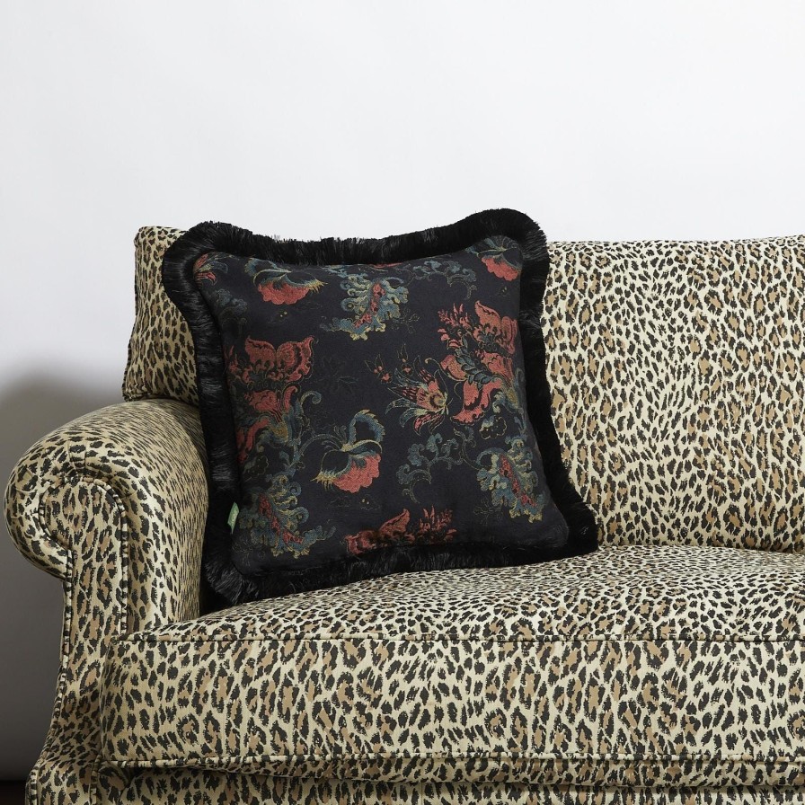 Accessories House of Hackney Floral Cushions | Persephone Medium Fringed Jacquard Cushion-Noir