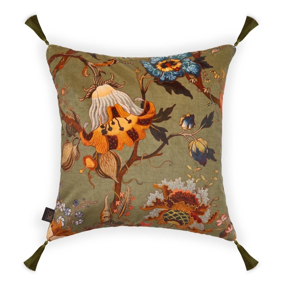 Accessories House of Hackney Floral Cushions | Artemis Medium Tassel Velvet Cushion-Moss Green