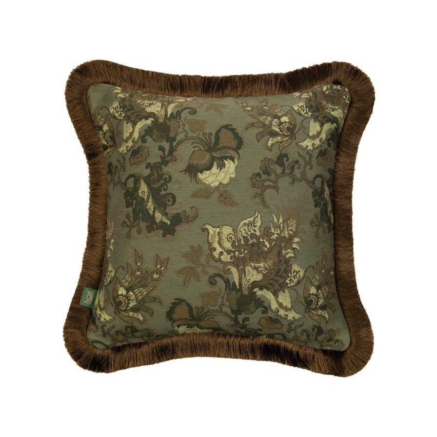 Accessories House of Hackney Floral Cushions | Persephone Medium Fringed Jacquard Cushion-Verdigris