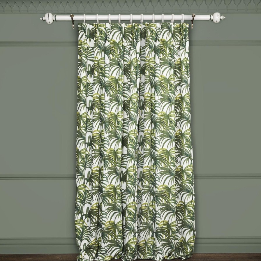 Fabric House of Hackney | Palmeral Cotton Linen Curtain-Off White & Green