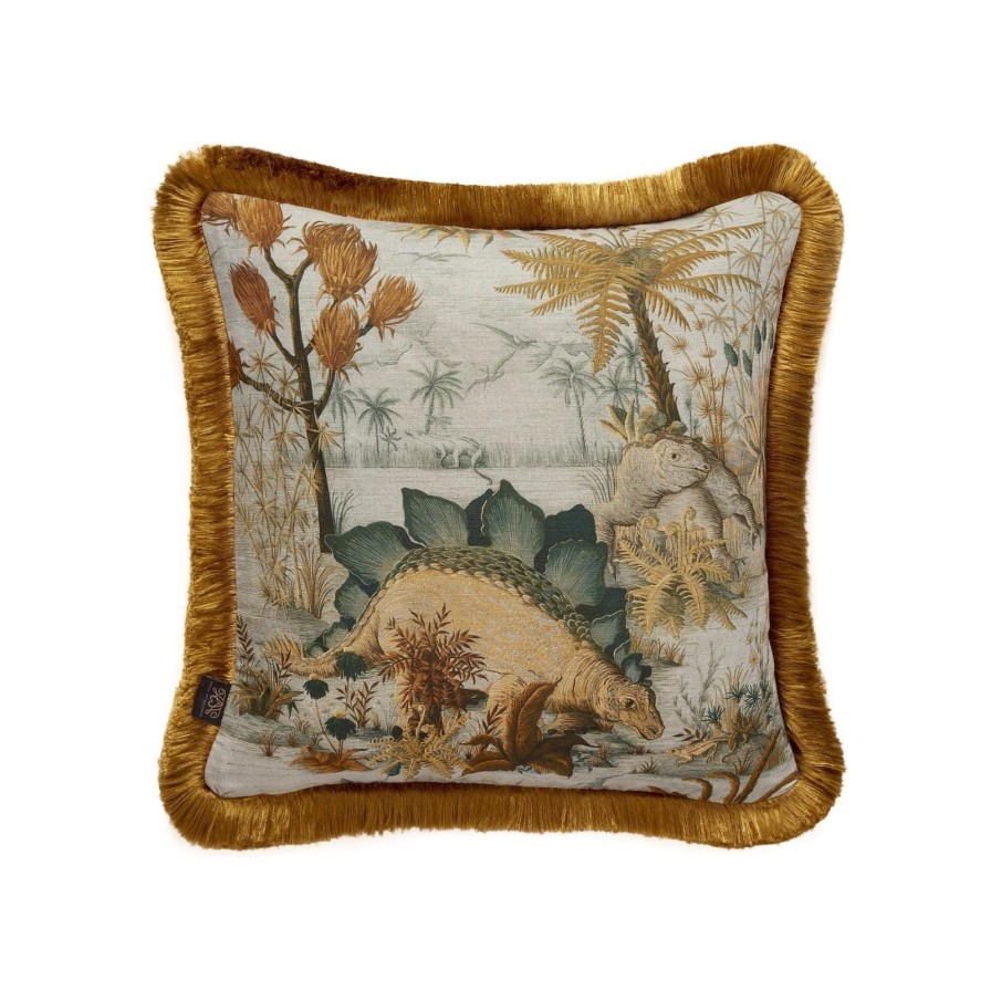 Accessories House of Hackney Animal Cushions | Dinosauria Medium Fringed Cotton Linen-Dusk