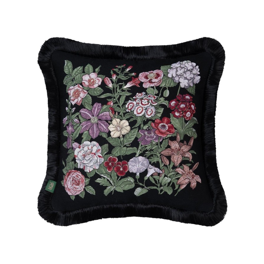 Accessories House of Hackney Floral Cushions | Floralia Medium Fringed Jacquard Cushion-Noir