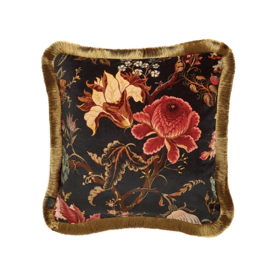 Accessories House of Hackney Floral Cushions | Artemis Medium Fringed Velvet Cushion-Black