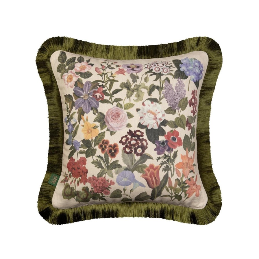 Accessories House of Hackney Floral Cushions | Floralia Medium Fringed Cotton Linen Cushion-Ecru