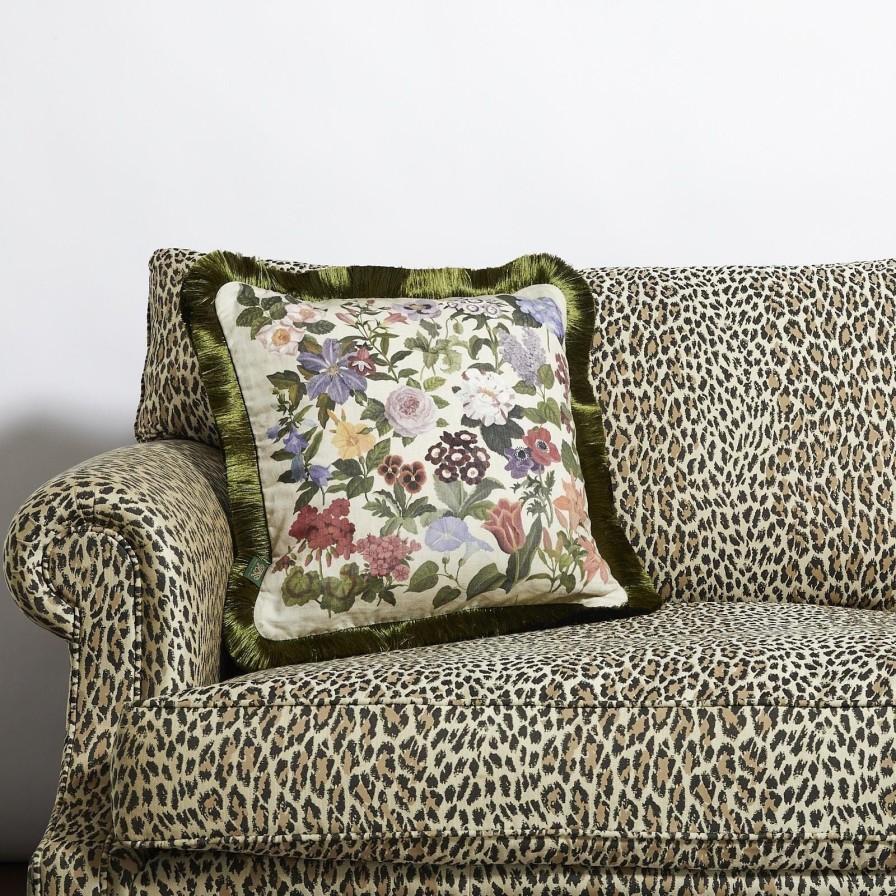 Accessories House of Hackney Floral Cushions | Floralia Medium Fringed Cotton Linen Cushion-Ecru