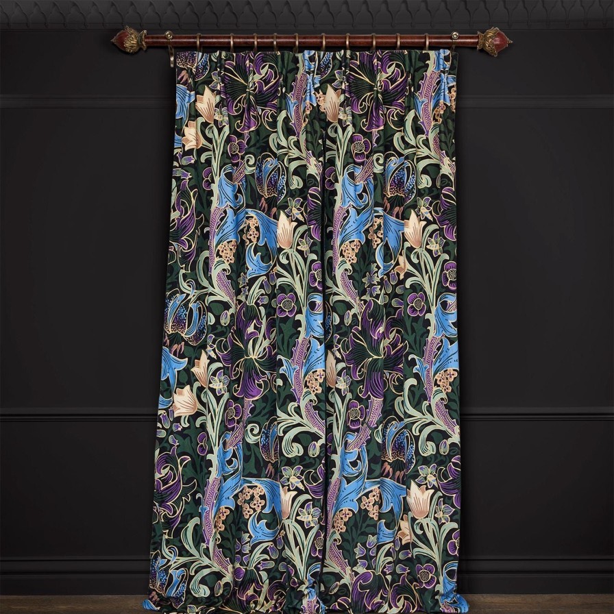Fabric House of Hackney | Golden Lily Magna Velvet Curtain-Obsidian
