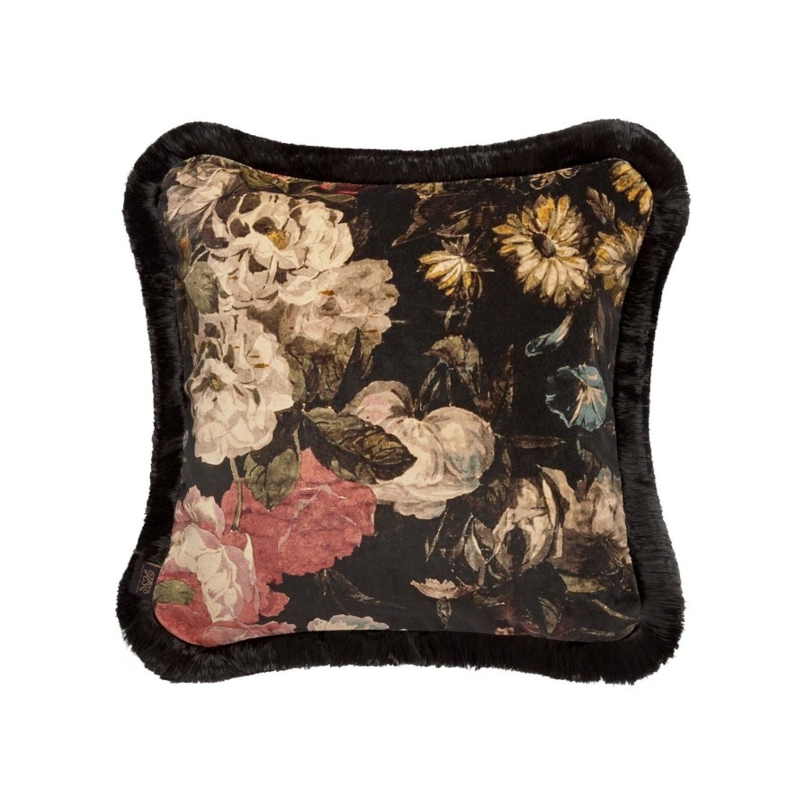 Accessories House of Hackney Floral Cushions | Midnight Garden Medium Fringed Velvet Cushion-Multi