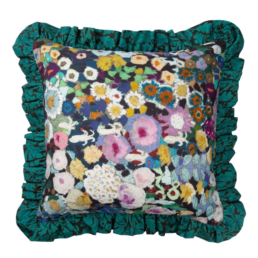Accessories House of Hackney Floral Cushions | Woodstock Large Quercus Emerald Frilled Velvet Cushion-Meadow