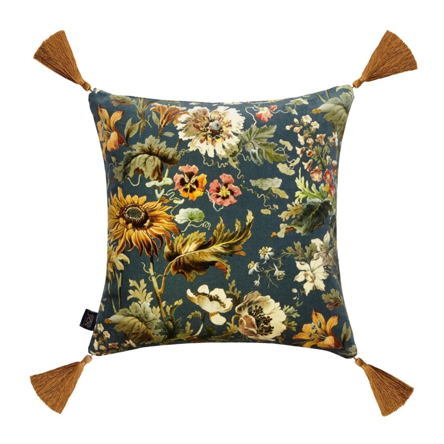 Accessories House of Hackney Floral Cushions | Avalon Medium Velvet Cushion-Petrol