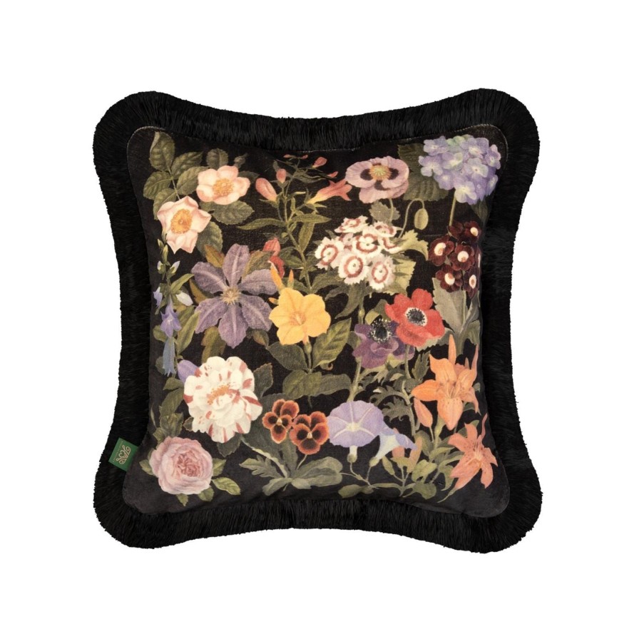 Accessories House of Hackney Floral Cushions | Floralia Medium Fringed Velvet Cushion-Noir