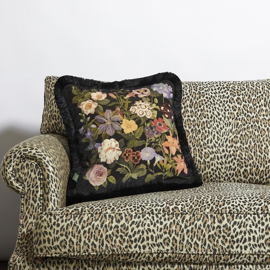 Accessories House of Hackney Floral Cushions | Floralia Medium Fringed Velvet Cushion-Noir
