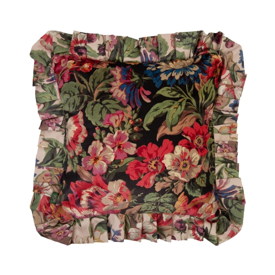 Accessories House of Hackney Floral Cushions | Florescence Medium Frilled Velvet Cushion-Noir And Alabaster