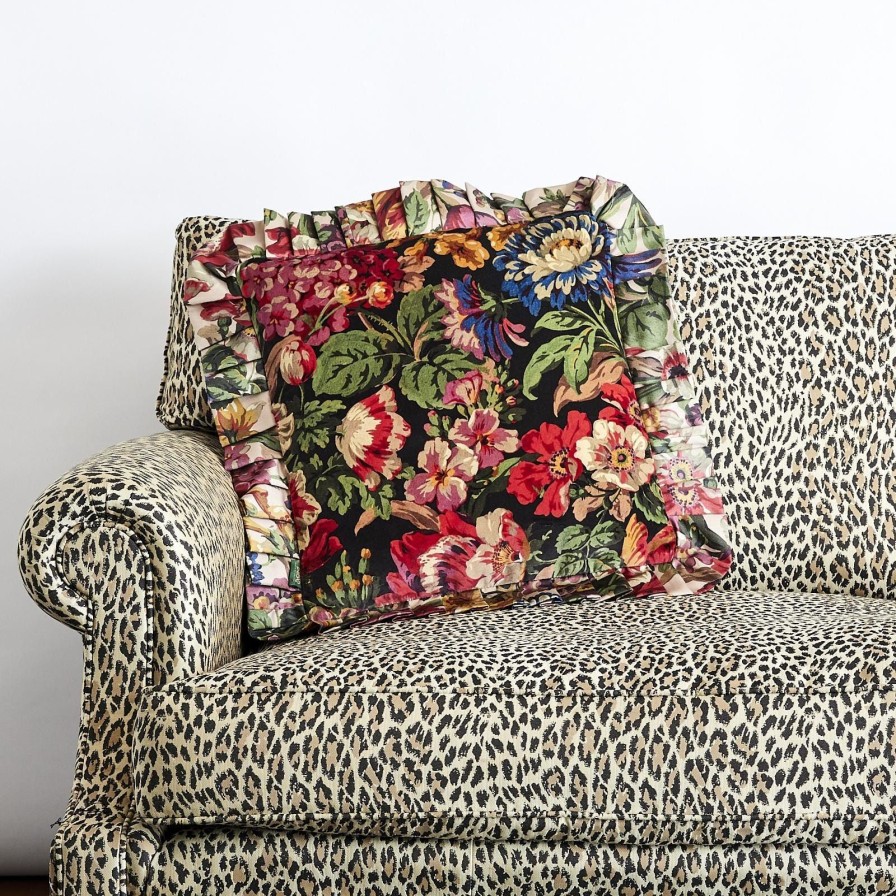 Accessories House of Hackney Floral Cushions | Florescence Medium Frilled Velvet Cushion-Noir And Alabaster